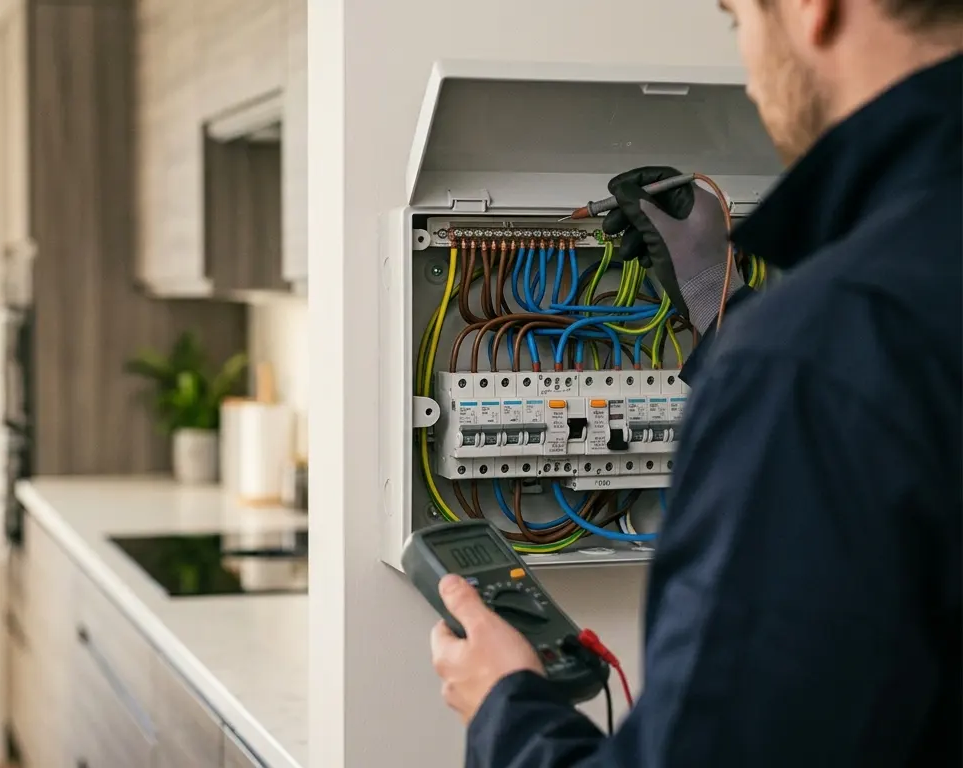 Electrician working on a fuse box